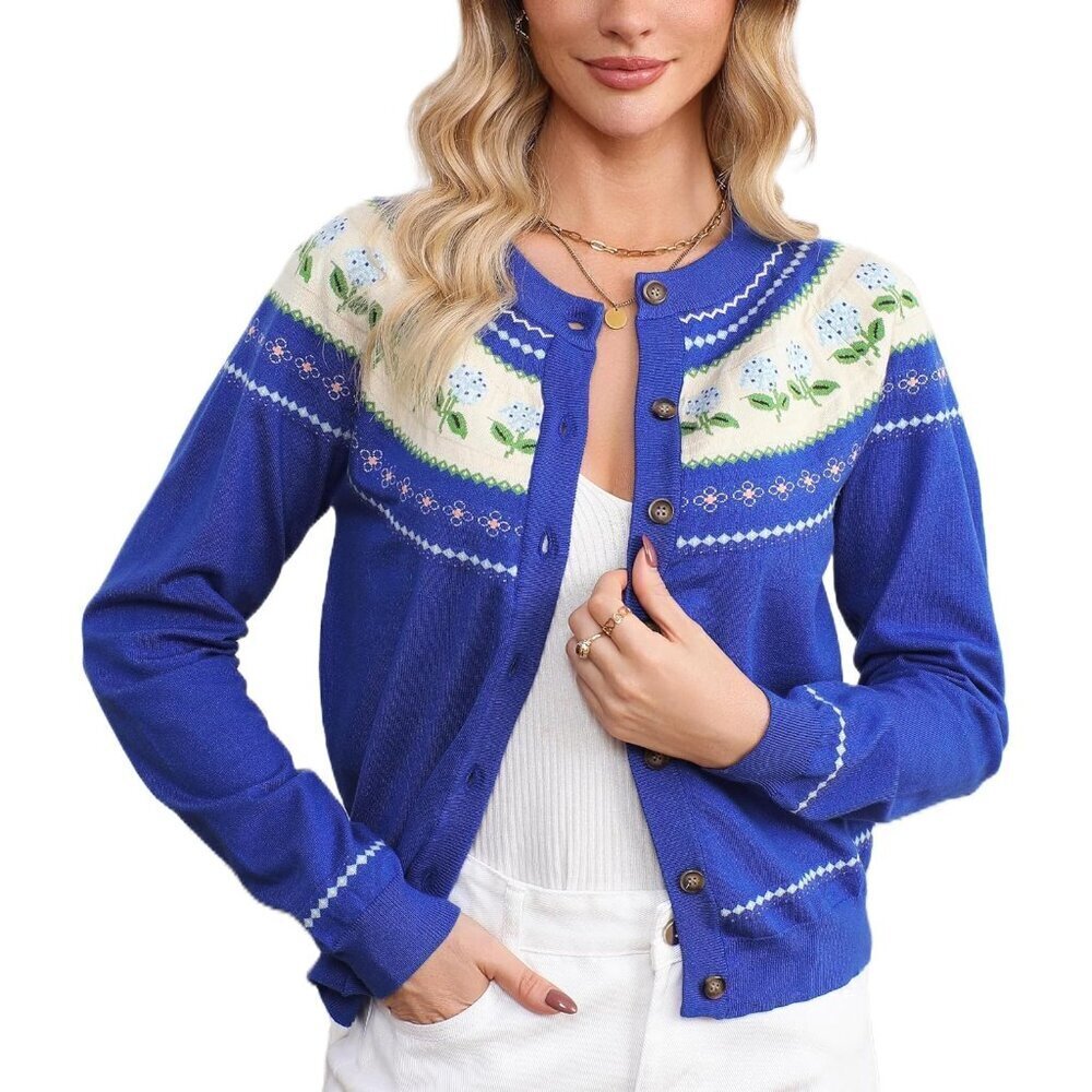 Women's Floral Knit Long Sleeve Cardigan with Button Front and Crew Neck